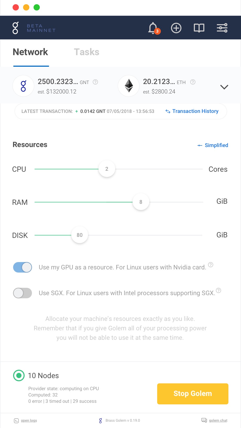 Resources in detail, processor cores, memory, disk, and whether the graphics card counts