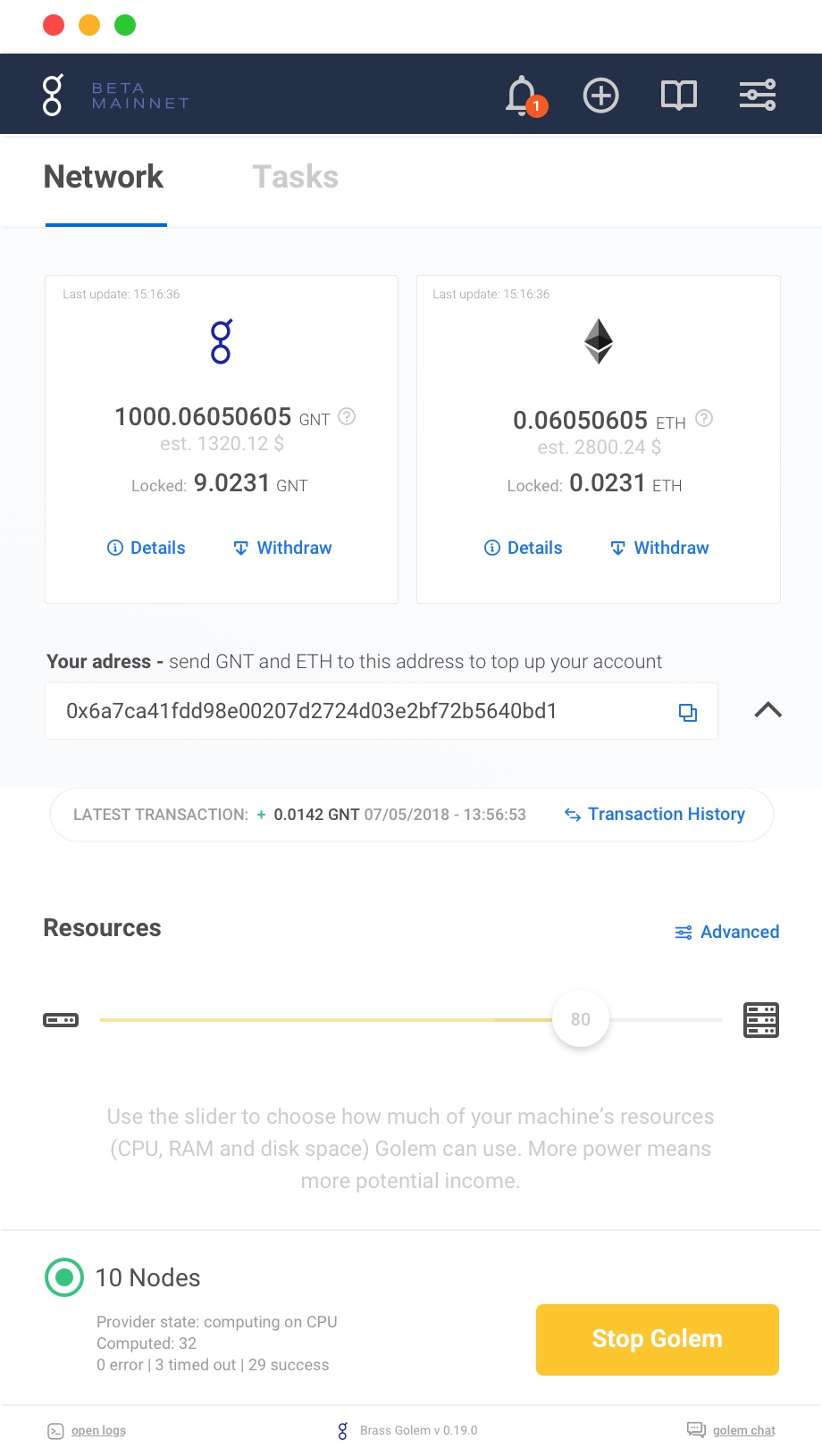 The wallet expanded, balances in both tokens with the deposit address