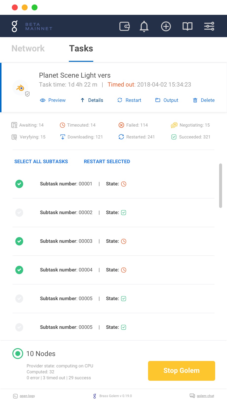 The subtask list, each piece of the job with its own state and timing