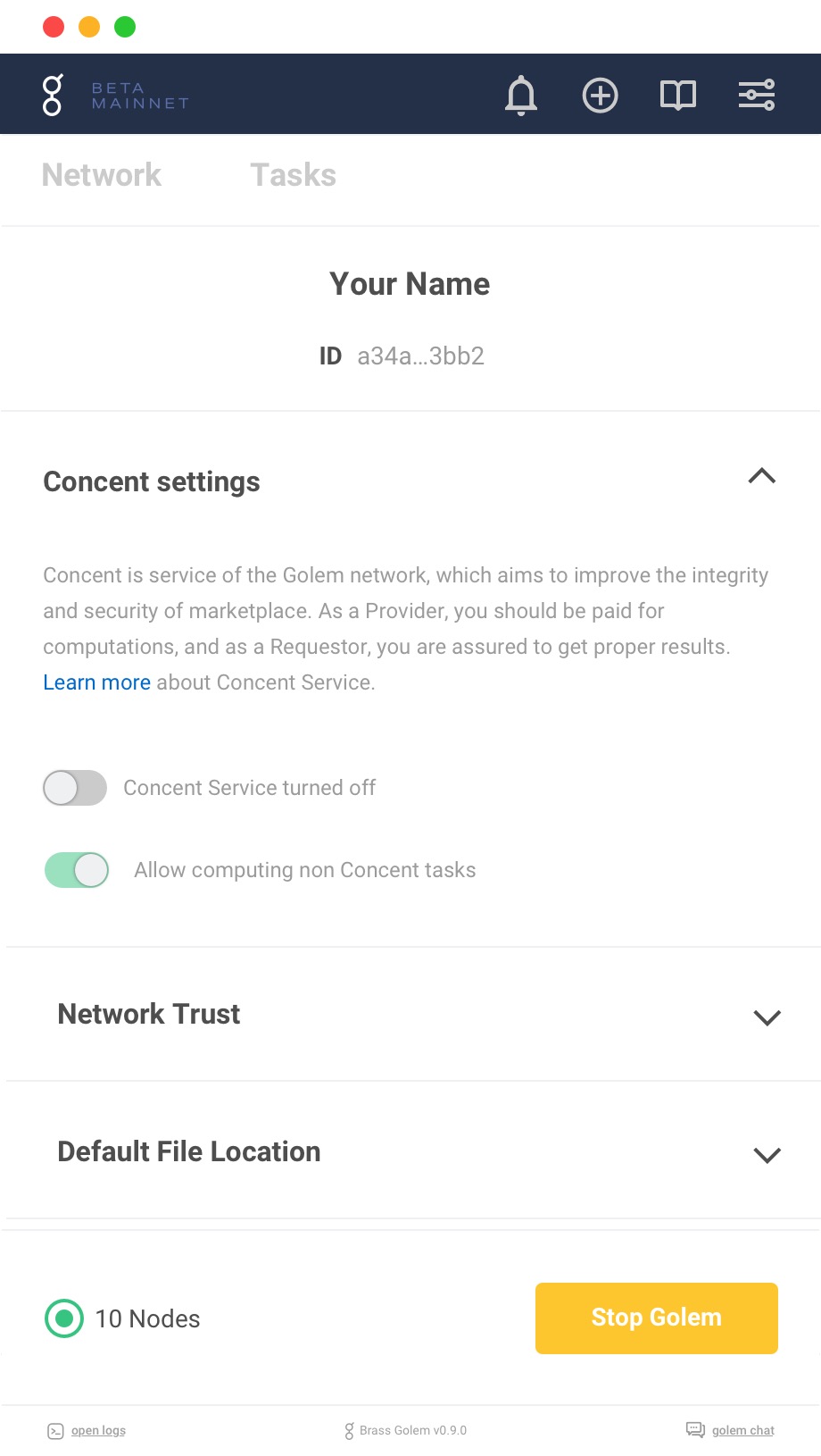 Settings, with the account identity, Concent, network trust and the default file location