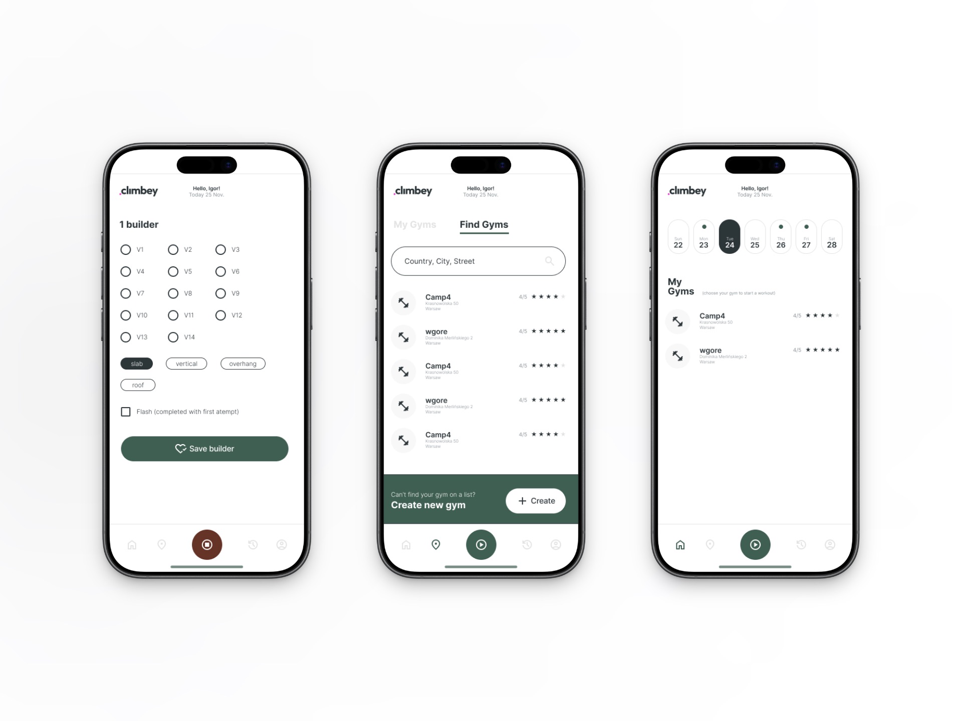 Choosing a grade, searching gyms with their ratings, and the saved gym list