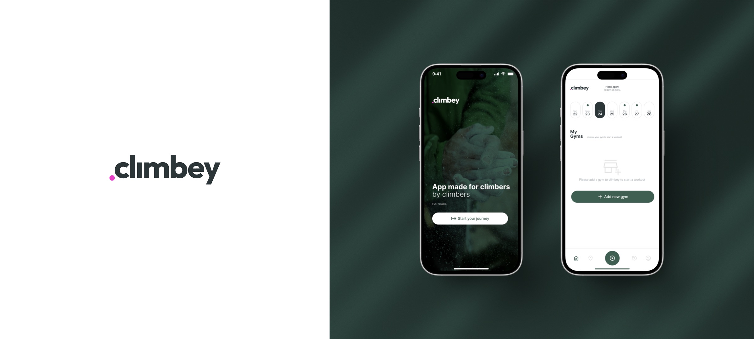 Two phones on a dark green ground, one showing the splash screen and one the empty My Gyms list