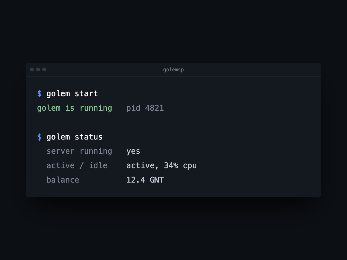 A terminal running golem start and golem status