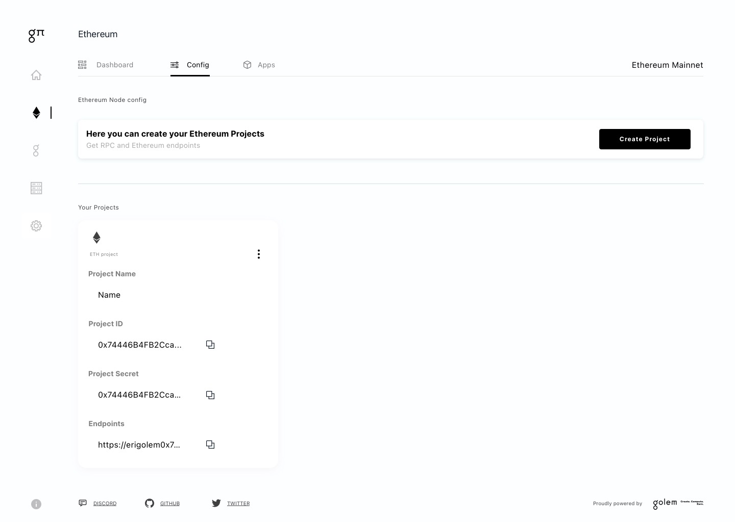 A project in the list, carrying its ID, its secret and the endpoint to paste into an application