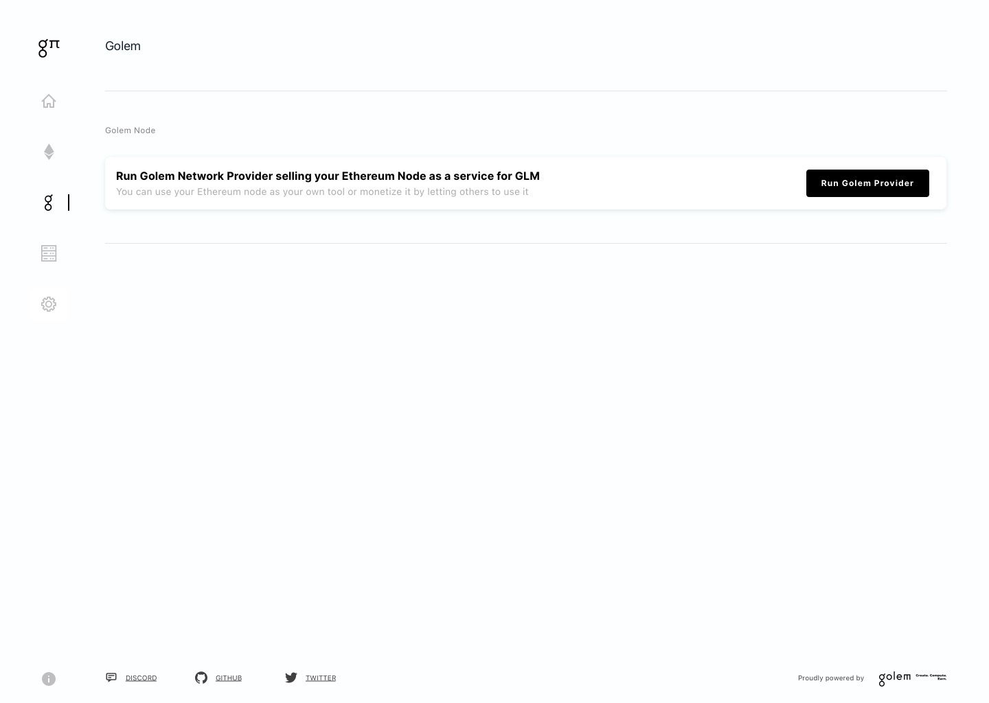 The Golem tab offering to run a Golem Network provider, selling the Ethereum node as a service for GLM