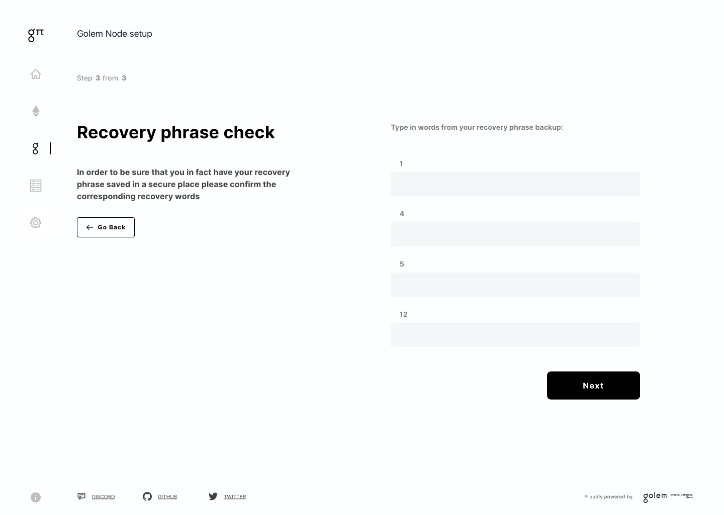 The recovery phrase check, asking for four of the twelve words back