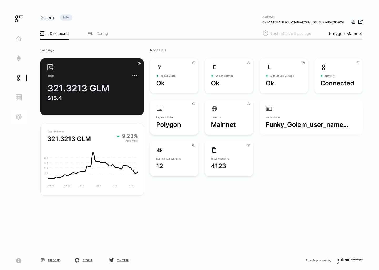 The Golem dashboard: GLM earned, the balance over the past week, service states and current agreements