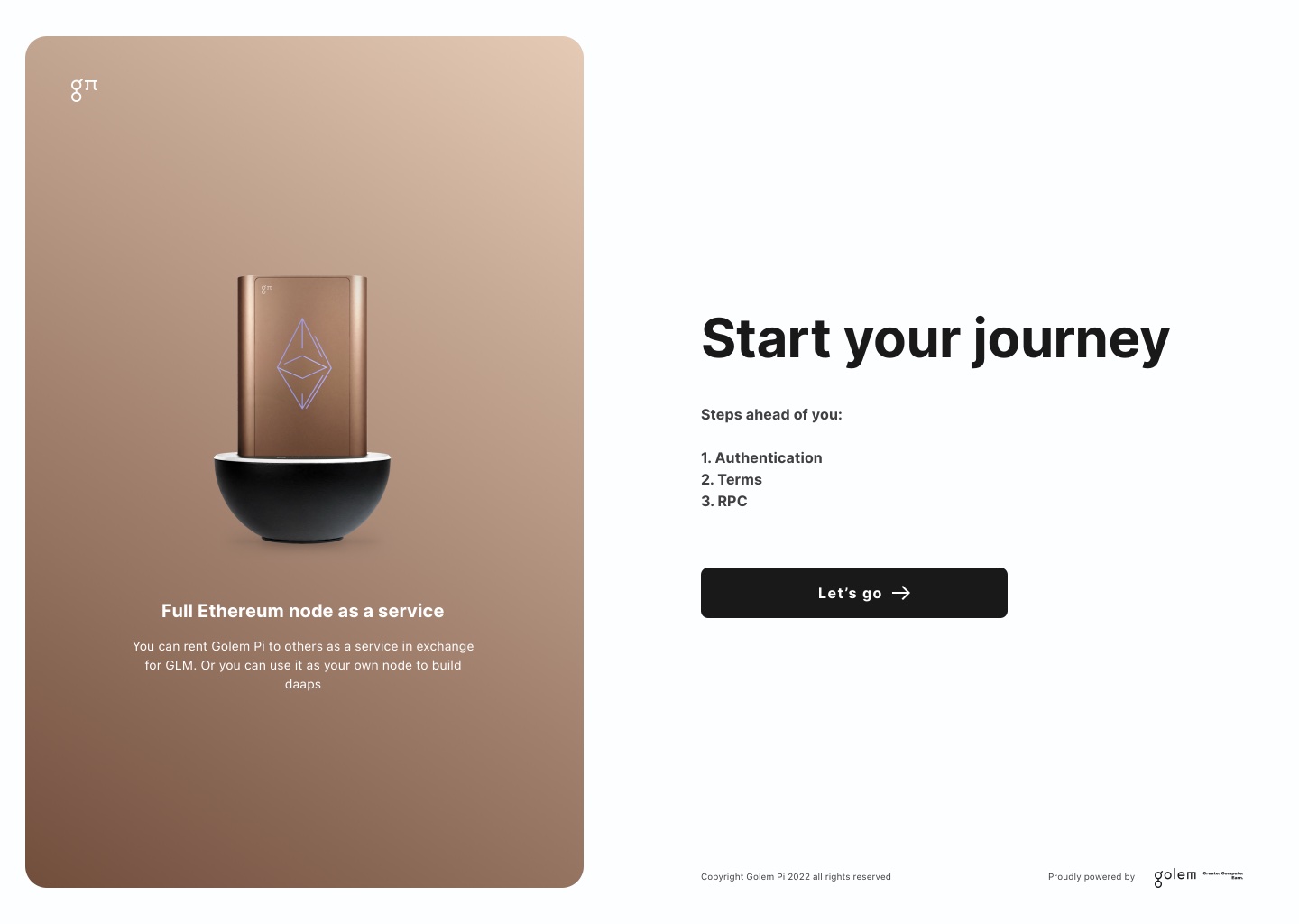 Setup opens on the device: Start your journey, with the three steps ahead listed