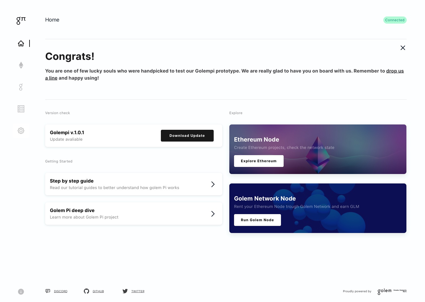 The home screen: firmware state, the Ethereum node and the option to run a Golem node