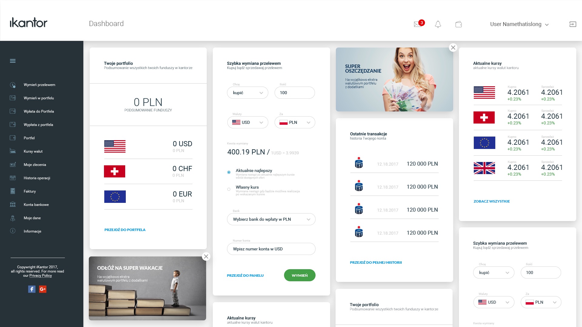 The dashboard: the portfolio in four currencies, a quick exchange form and the latest transactions