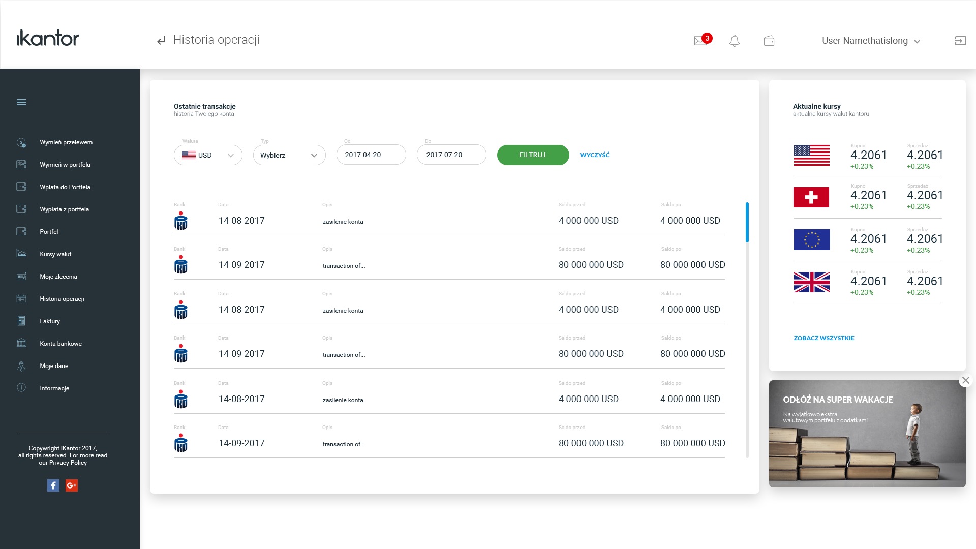 The history of operations, filtered by currency and date range