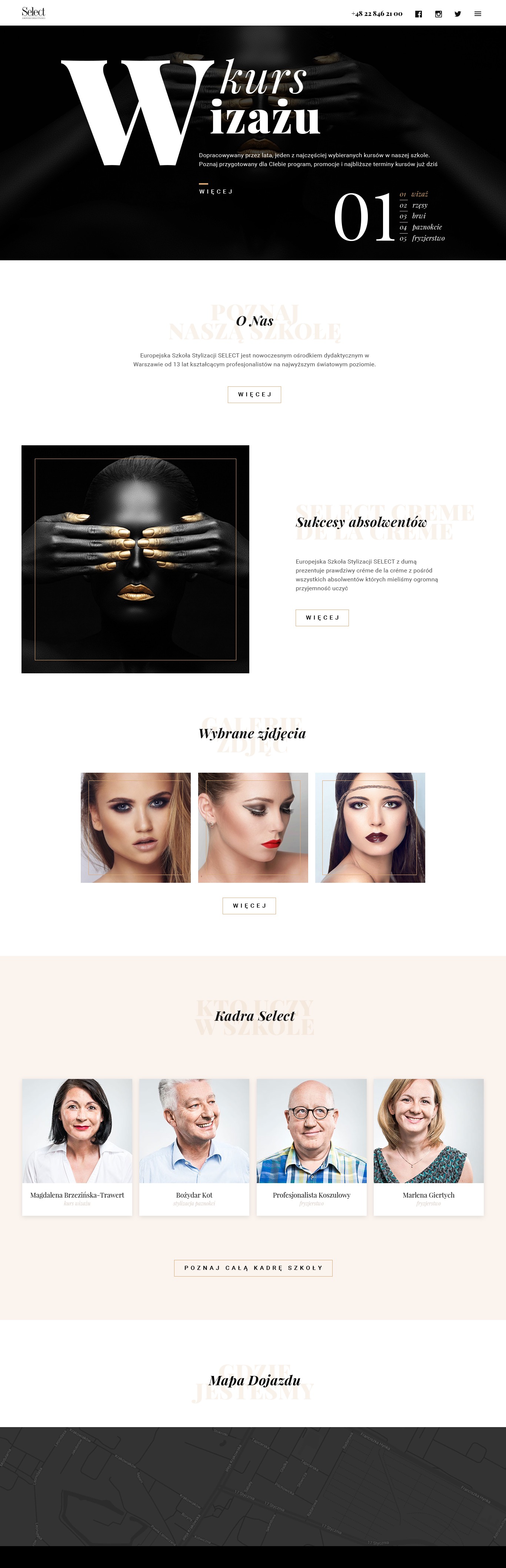 The Select home page, from the make-up course hero down to the tutors and the map