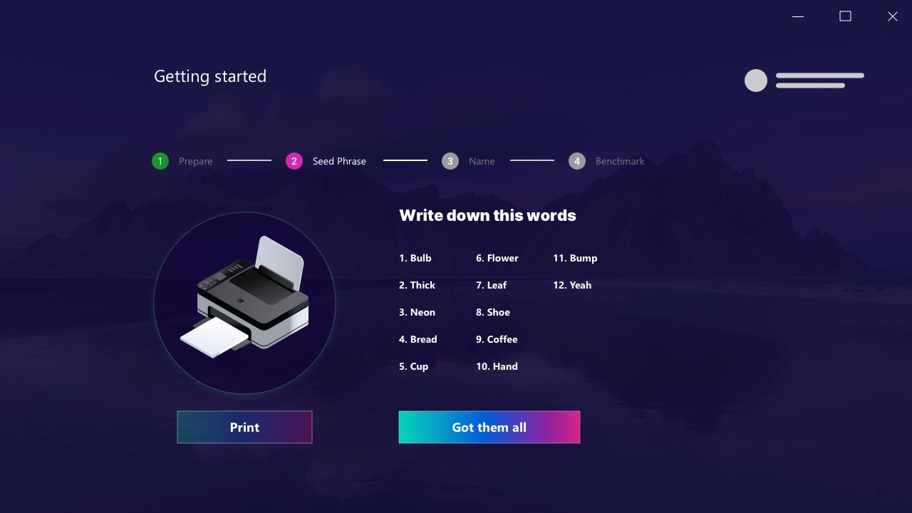 The recovery words listed with a print button beside them