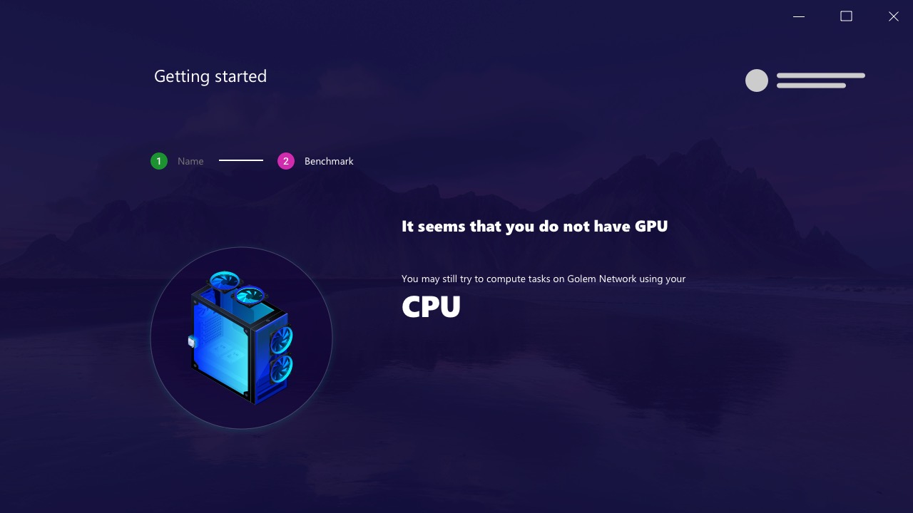 No usable graphics card found, so the screen says CPU in large type instead of failing