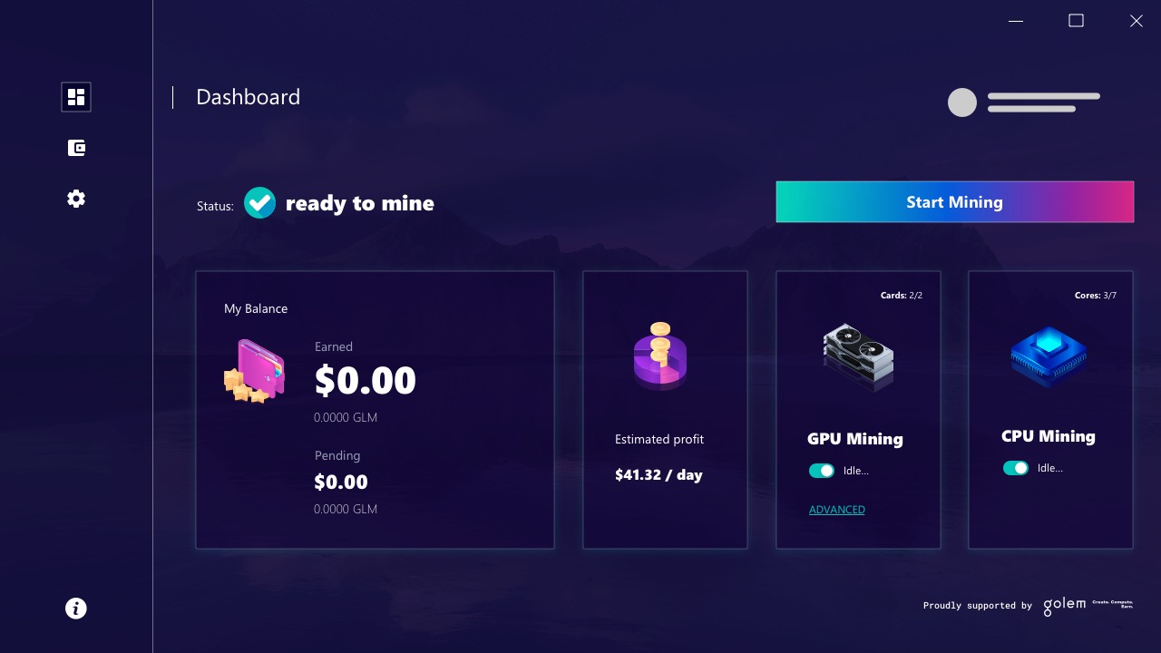 The dashboard, ready to mine, with one button to start
