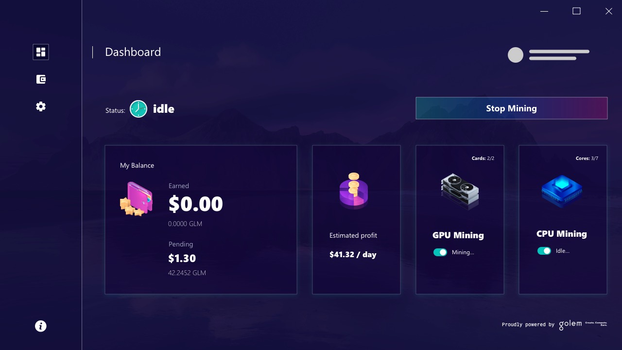 The same dashboard while mining, with a balance on it and the button now stopping the work
