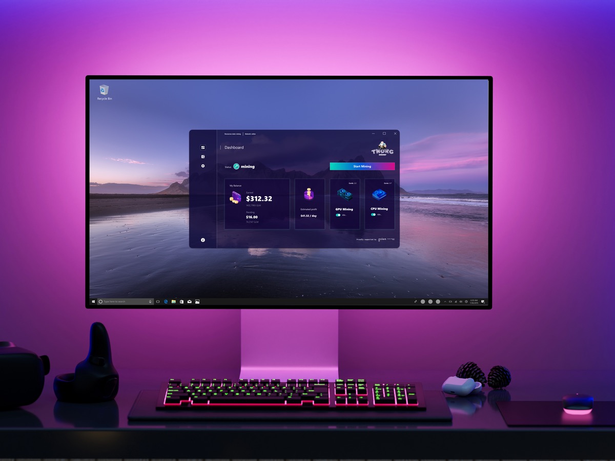 Thorg Miner on a gaming monitor in a room lit magenta
