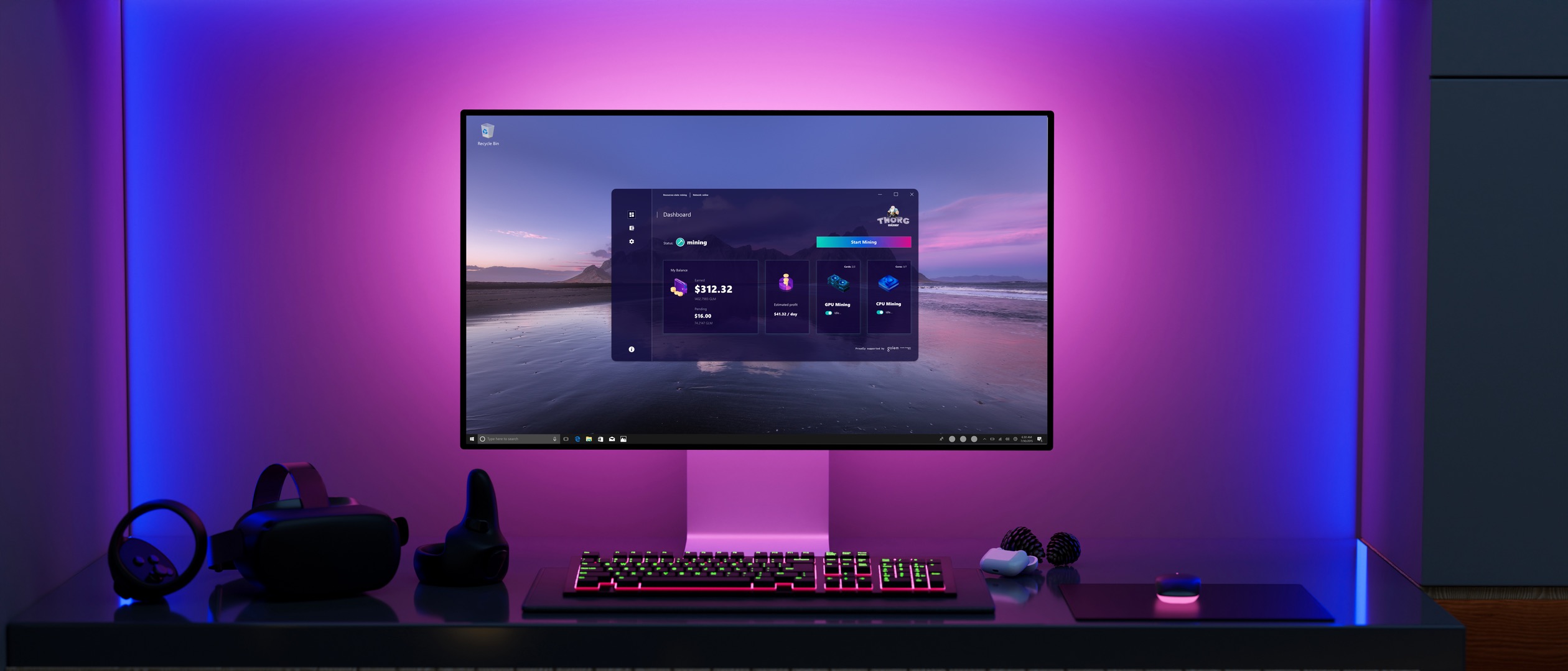 Thorg Miner running on a gaming monitor in a room lit magenta, with a mechanical keyboard and a VR headset on the desk